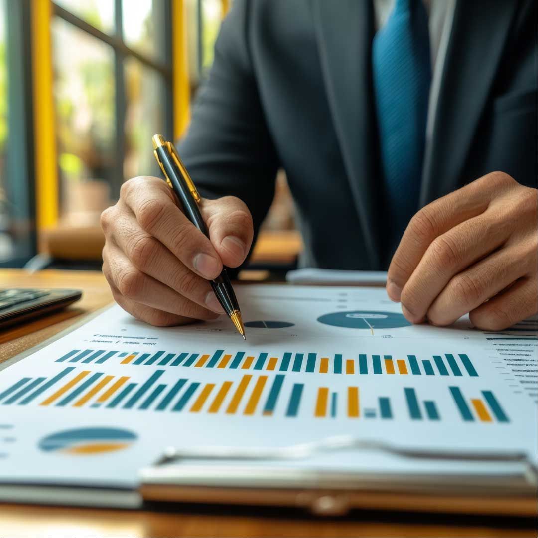 A man in a suit is seated at a table, with a pen in hand, pointing at a page of financial data held on a clipboard.