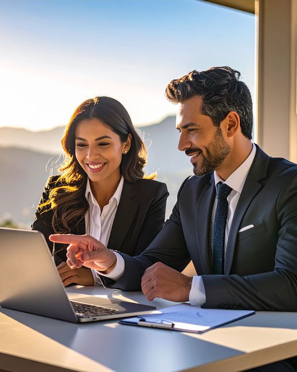 A group of office workers meet near a large window to review financial graphs in a sleek boardroom on the upper floors of a modern high-rise, the city skyline stretching out behind them.