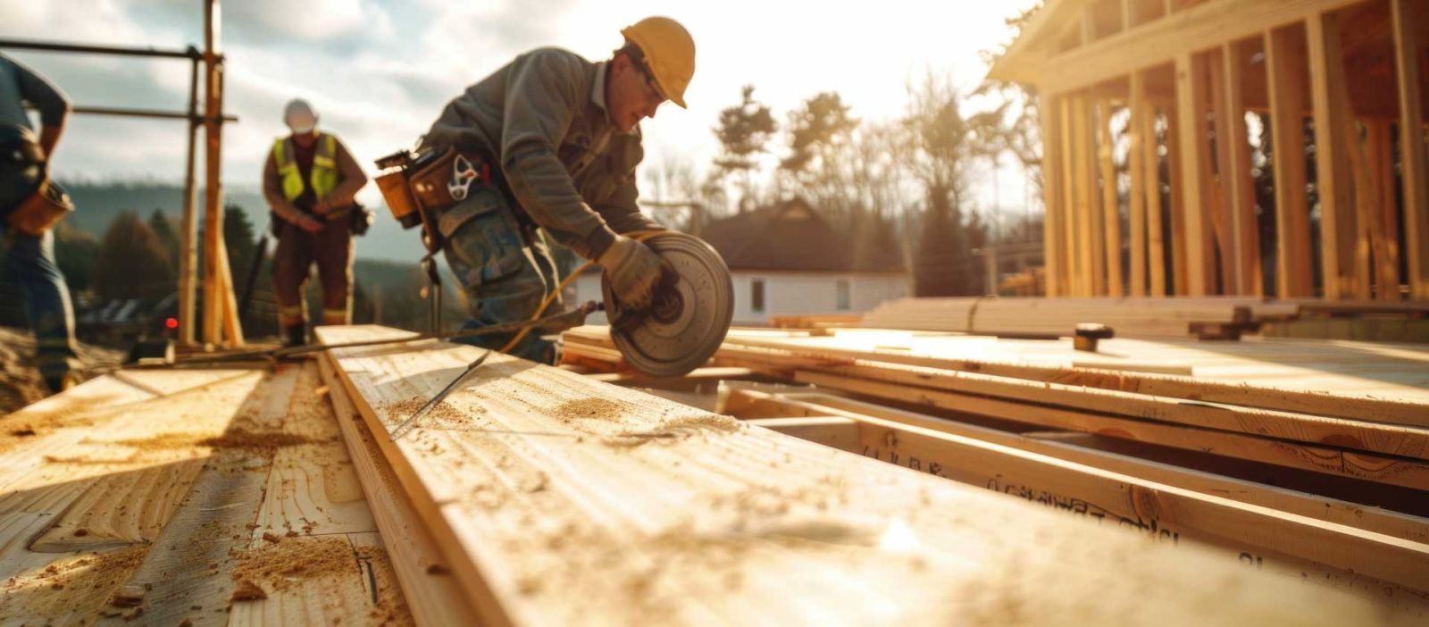 A construction worker wearing a hard hat and a tool belt is tying down planks of wood among coworkers building a new home.