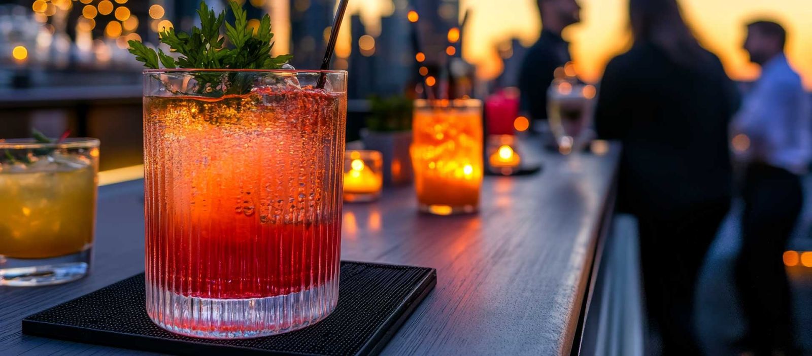 A refreshing cocktail on a candlelit rooftop bar, with the cityscape at sunset in the background.
